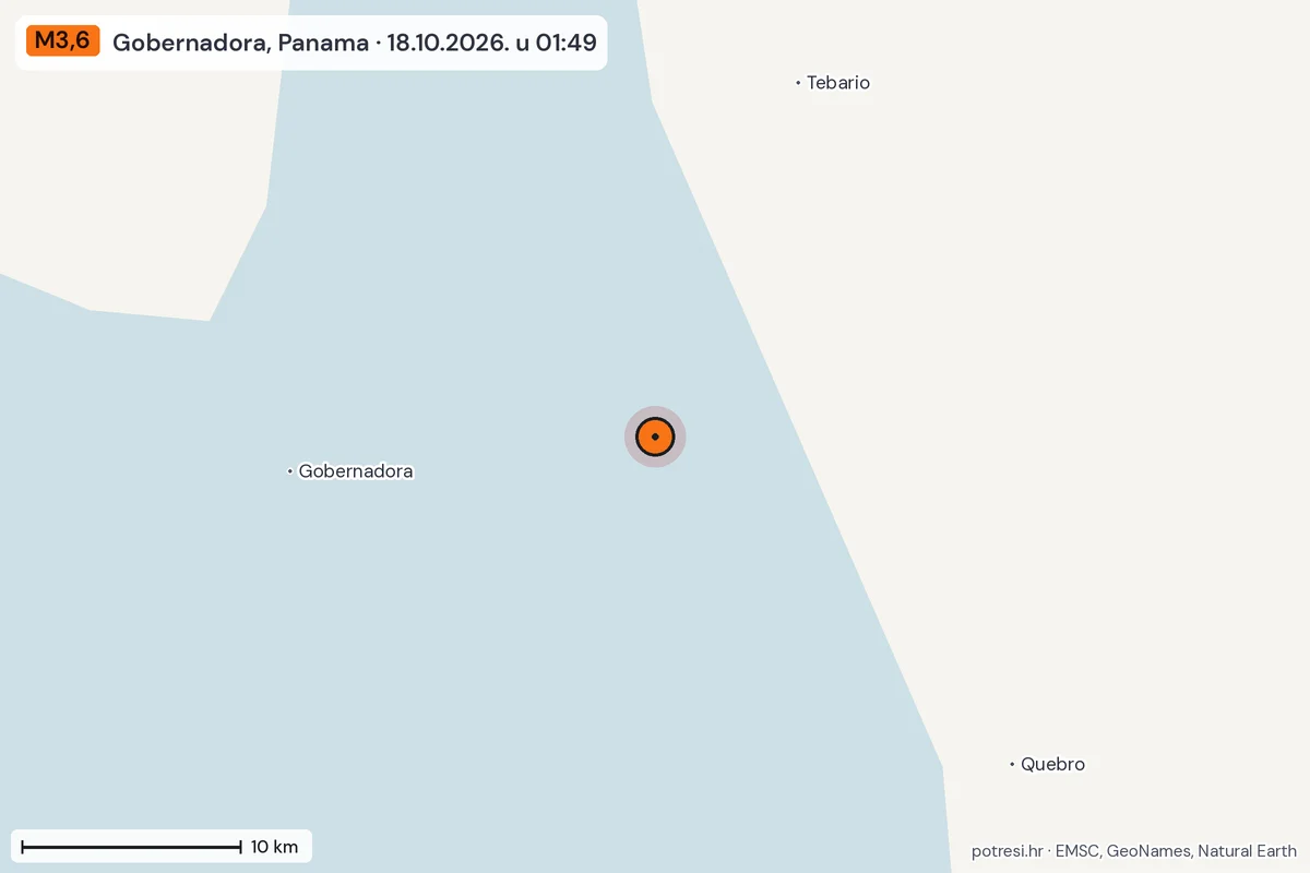 Karta: okolica epicentra, 60 km, potres M3,6, Gobernadora, Panama, 18.10.2026.