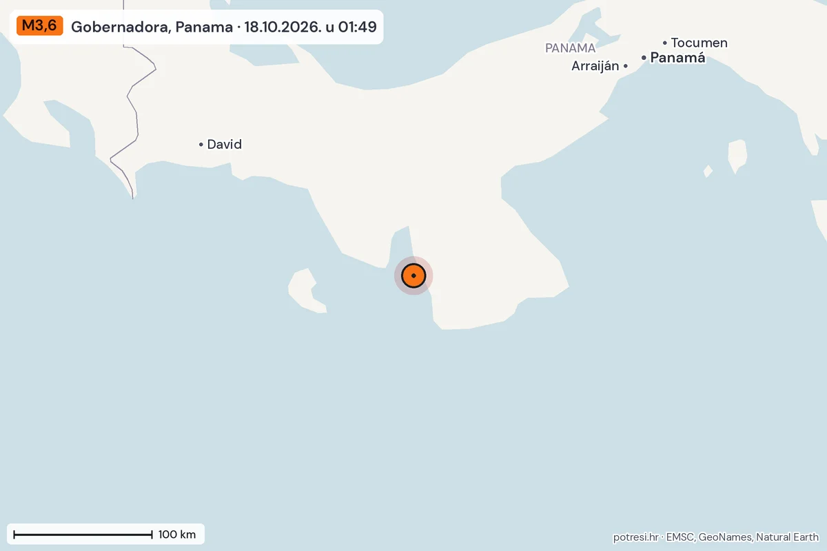 Karta: šire područje, 600 km, potres M3,6, Gobernadora, Panama, 18.10.2026.