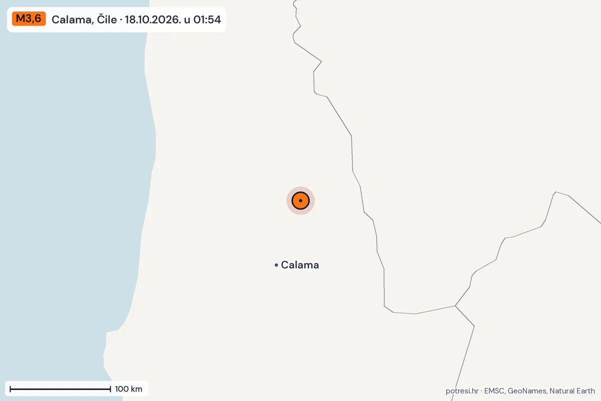 Karta: šire područje, 600 km, potres M3,6, Calama, Čile, 18.10.2026.