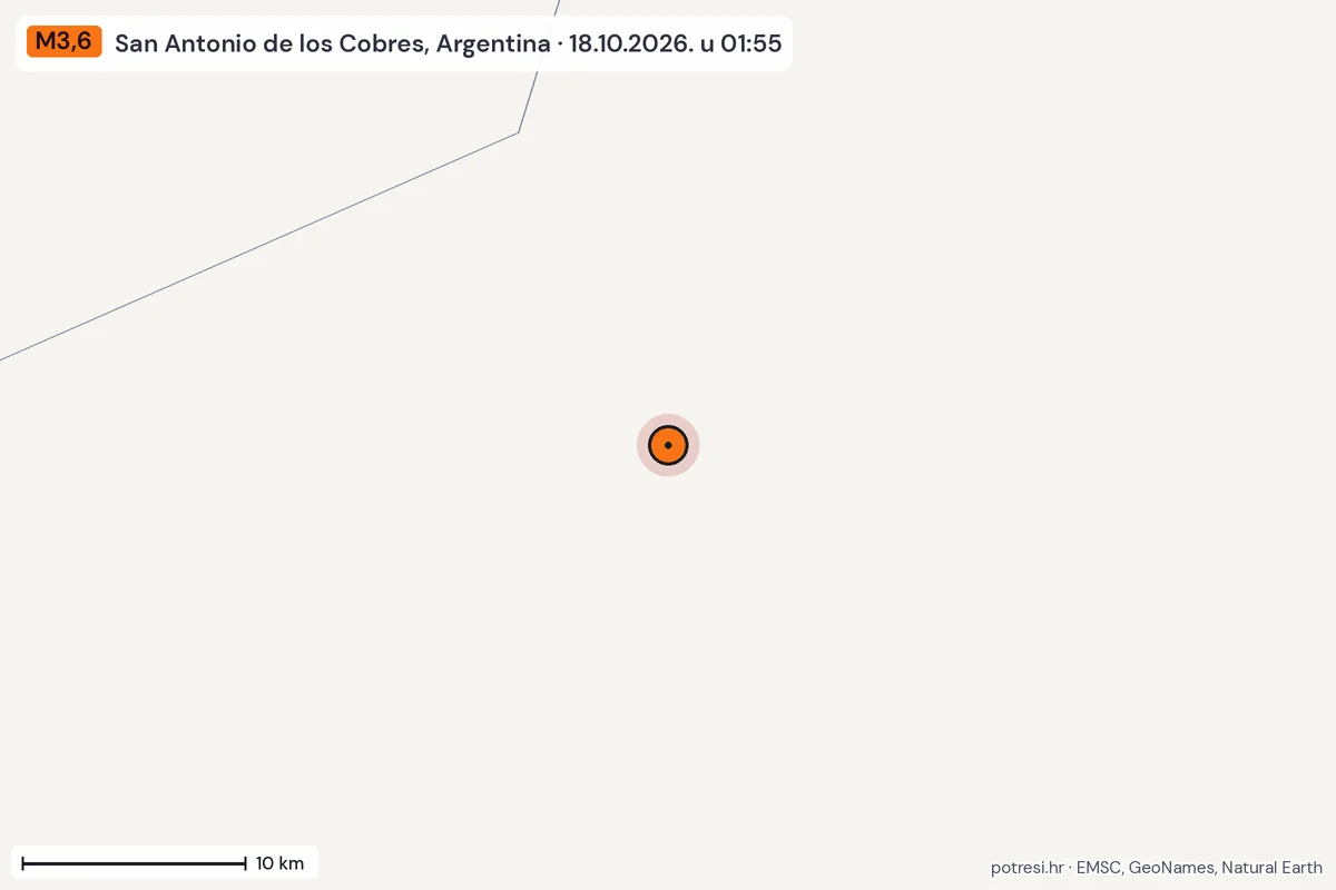 Karta: okolica epicentra, 60 km, potres M3,6, San Antonio de los Cobres, Argentina, 18.10.2026.