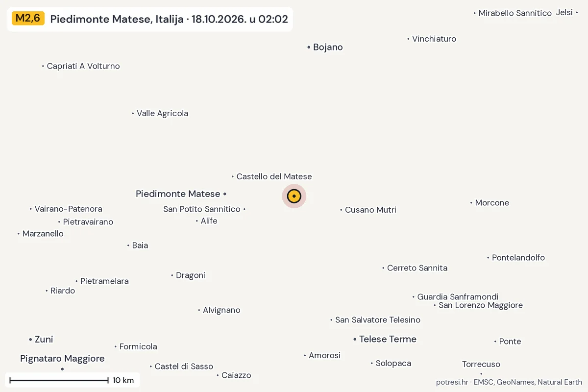 Karta: okolica epicentra, 60 km, potres M2,6, Piedimonte Matese, Italija, 18.10.2026.