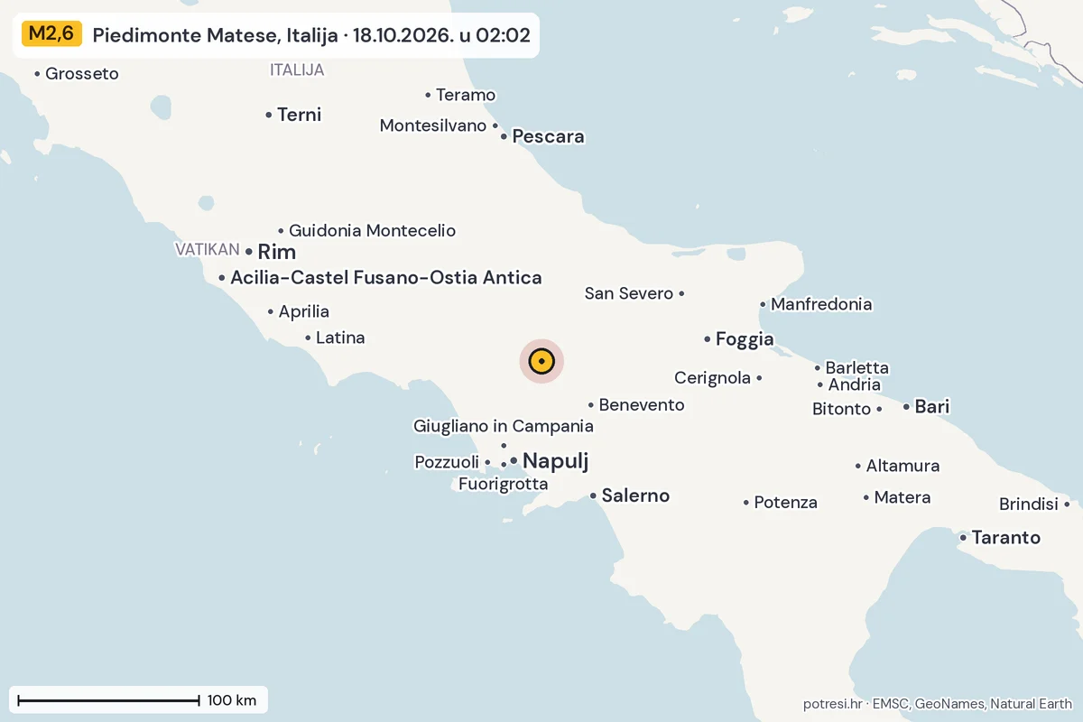 Karta: šire područje, 600 km, potres M2,6, Piedimonte Matese, Italija, 18.10.2026.