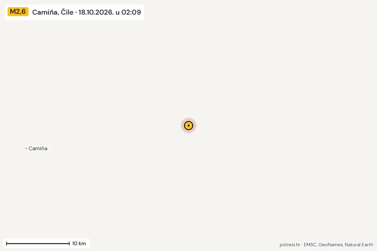 Karta: okolica epicentra, 60 km, potres M2,6, Camiña, Čile, 18.10.2026.