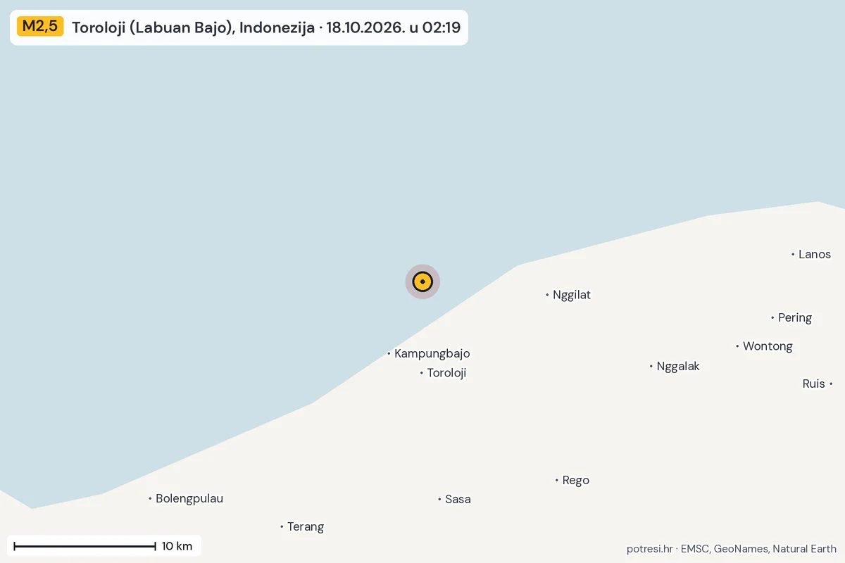 Karta: okolica epicentra, 60 km, potres M2,5, Toroloji (Labuan Bajo), Indonezija, 18.10.2026.