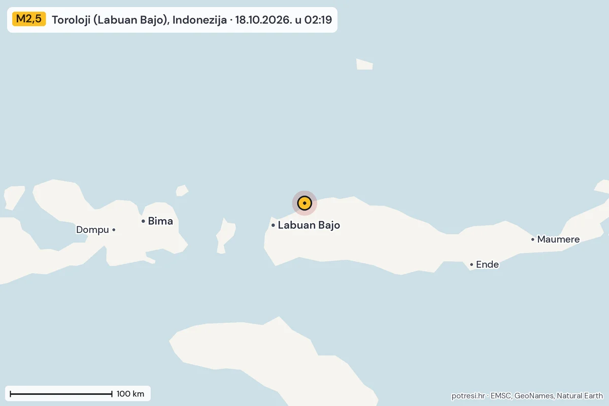 Karta: šire područje, 600 km, potres M2,5, Toroloji (Labuan Bajo), Indonezija, 18.10.2026.