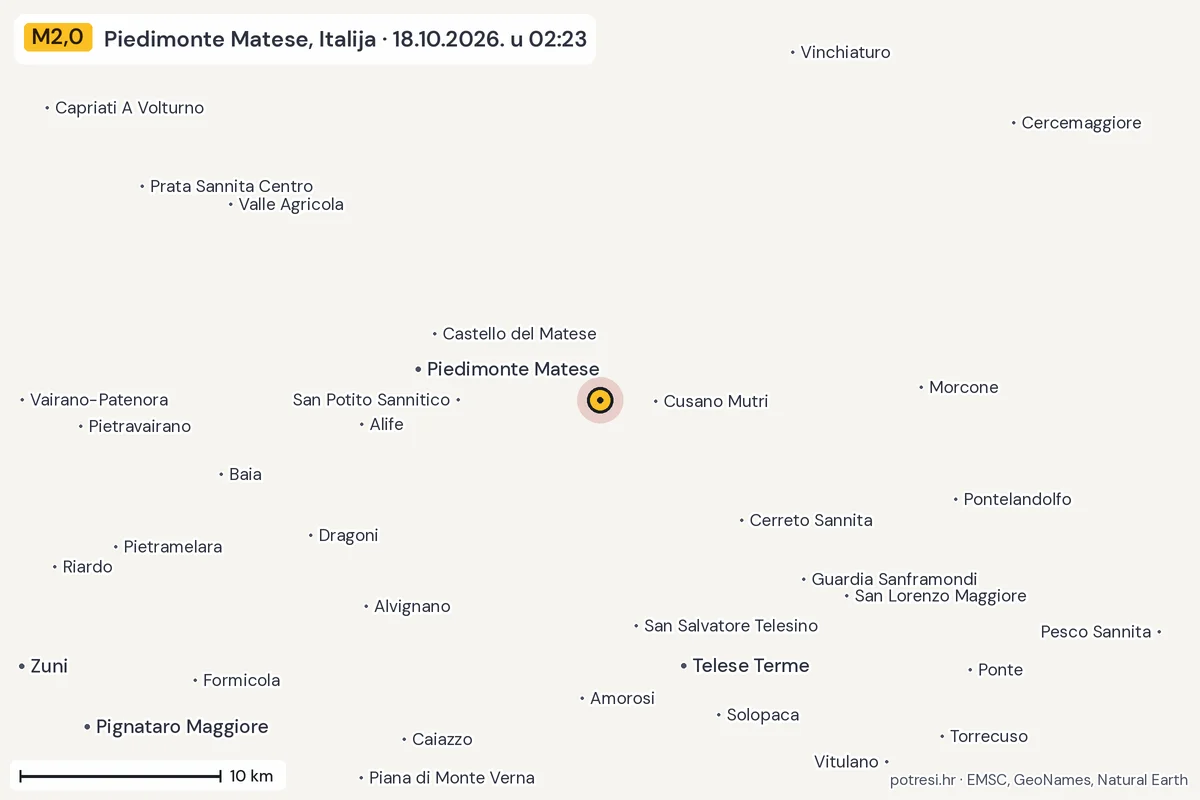 Karta: okolica epicentra, 60 km, potres M2,0, Piedimonte Matese, Italija, 18.10.2026.