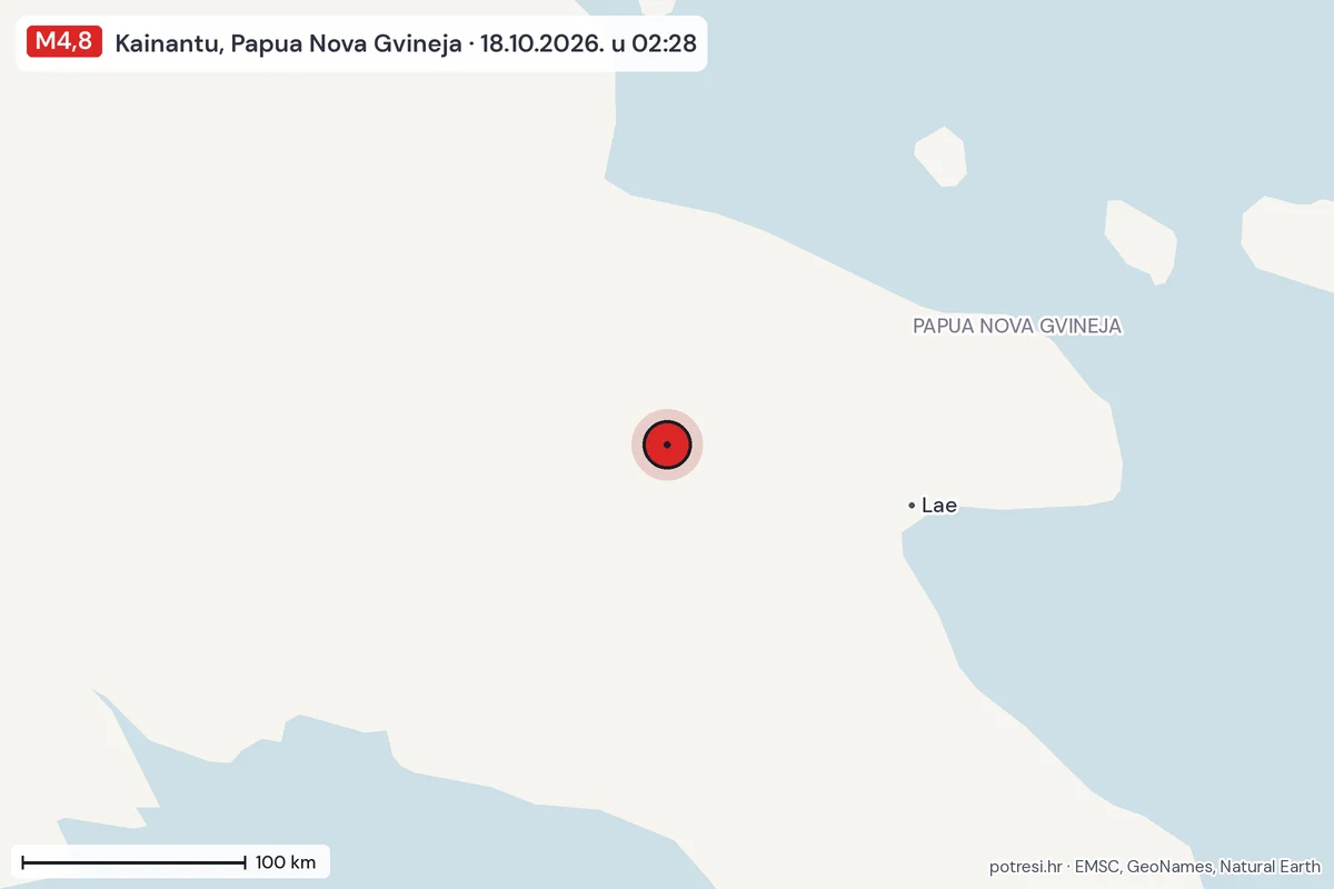 Karta: šire područje, 600 km, potres M4,8, Kainantu, Papua Nova Gvineja, 18.10.2026.