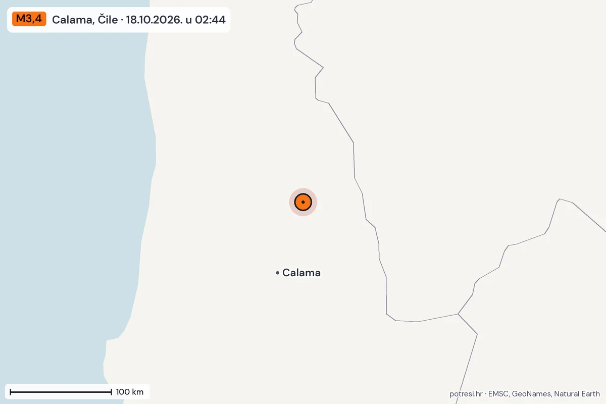 Karta: šire područje, 600 km, potres M3,4, Calama, Čile, 18.10.2026.