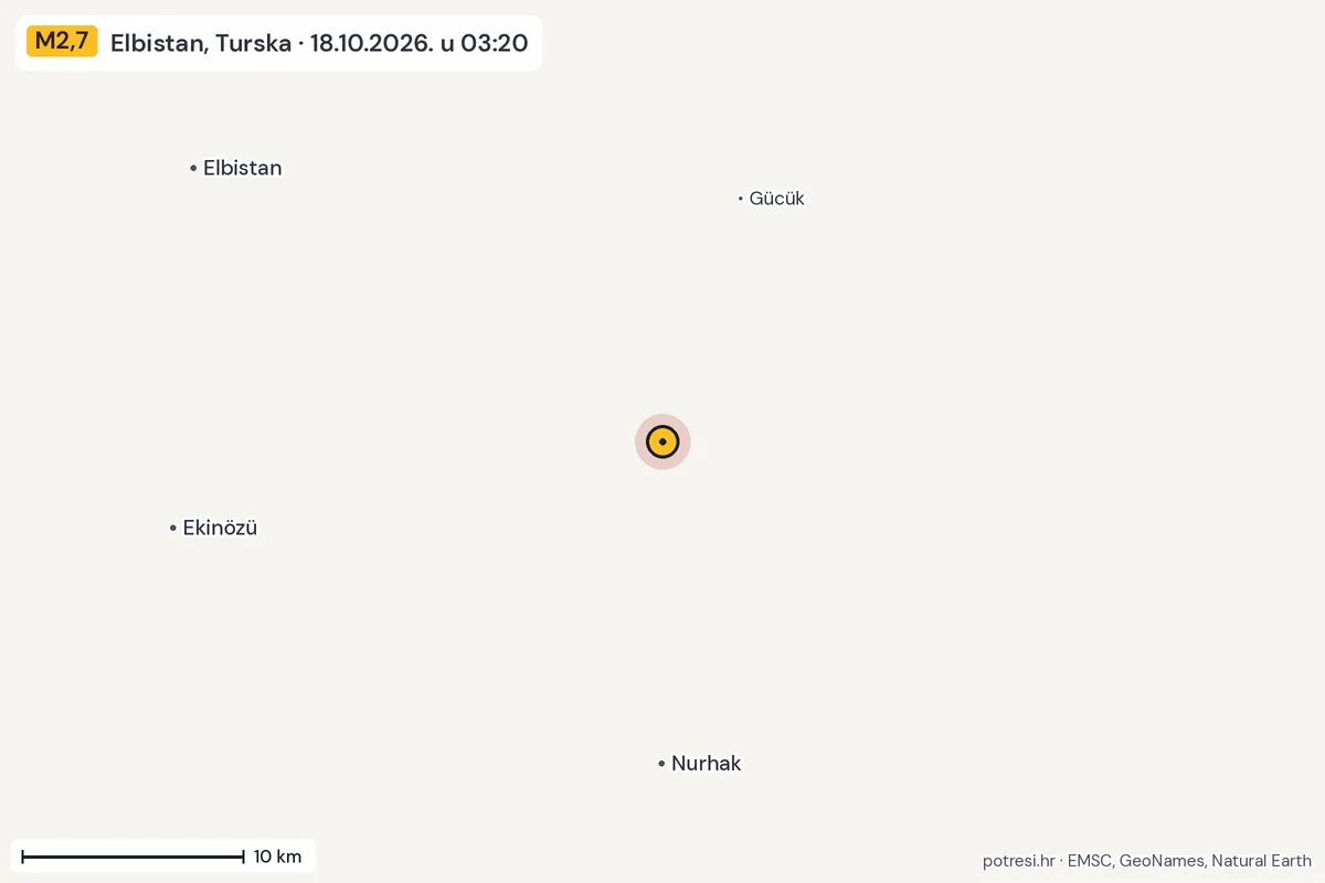 Karta: okolica epicentra, 60 km, potres M2,7, Elbistan, Turska, 18.10.2026.