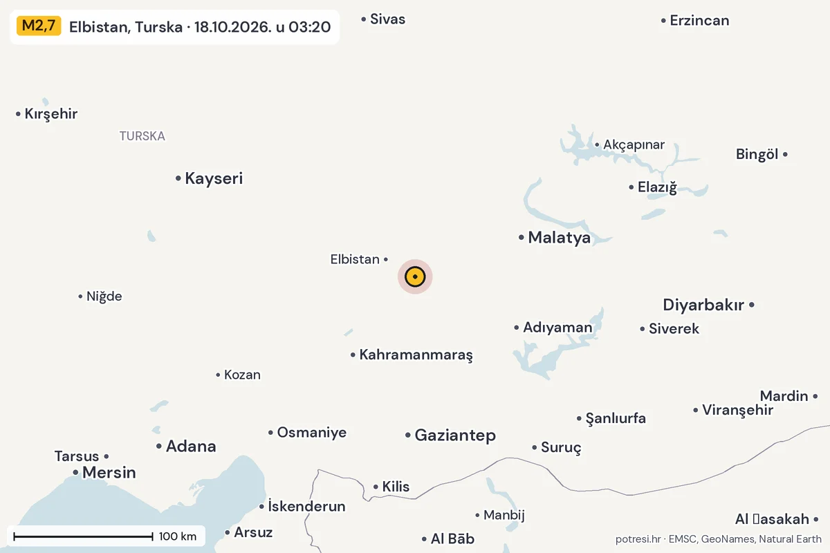 Karta: šire područje, 600 km, potres M2,7, Elbistan, Turska, 18.10.2026.