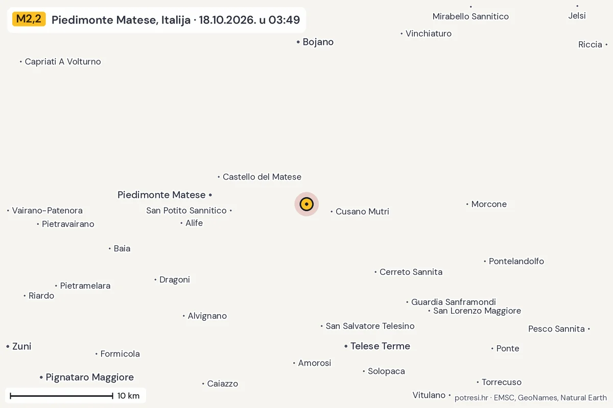 Karta: okolica epicentra, 60 km, potres M2,2, Piedimonte Matese, Italija, 18.10.2026.
