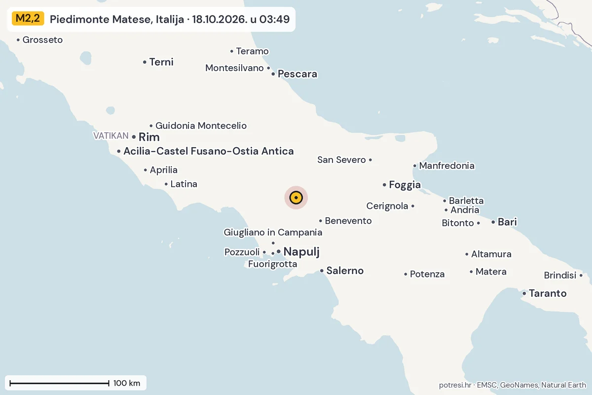 Karta: šire područje, 600 km, potres M2,2, Piedimonte Matese, Italija, 18.10.2026.