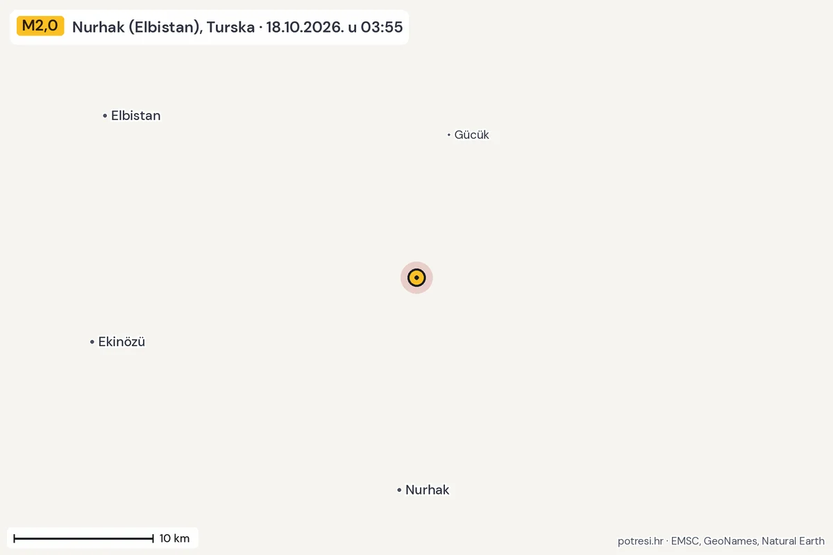 Karta: okolica epicentra, 60 km, potres M2,0, Nurhak (Elbistan), Turska, 18.10.2026.