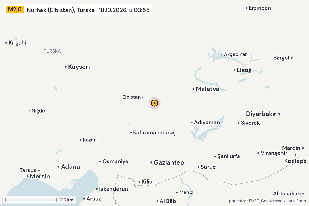 Karta: šire područje, 600 km, potres M2,0, Nurhak (Elbistan), Turska, 18.10.2026.