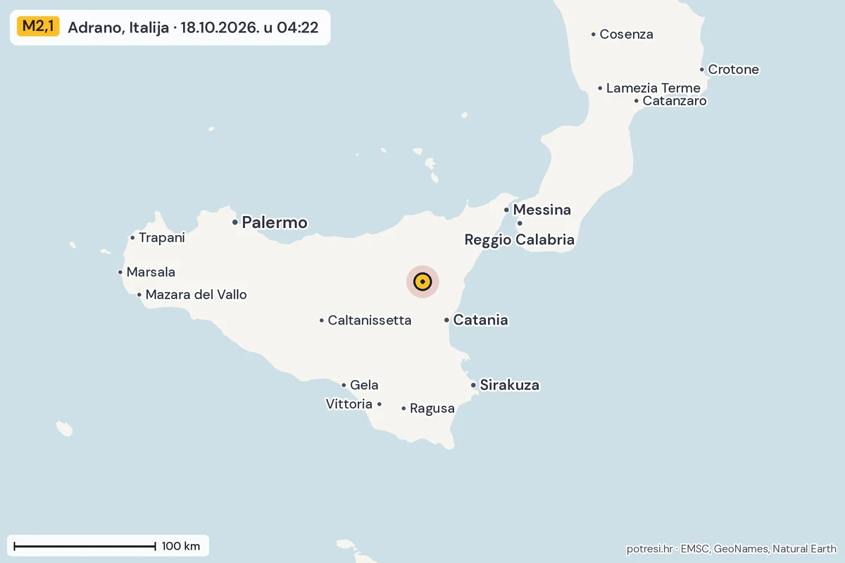 Karta: šire područje, 600 km, potres M2,1, Adrano, Italija, 18.10.2026.