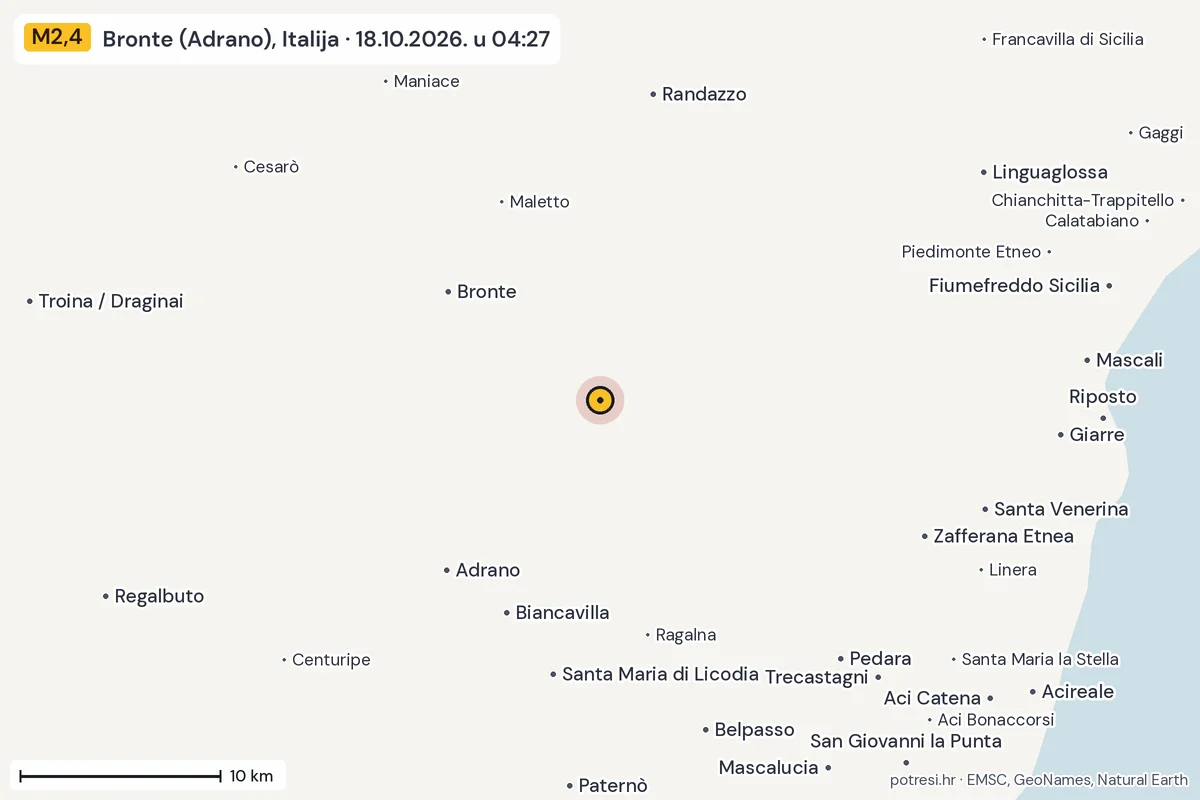 Karta: okolica epicentra, 60 km, potres M2,4, Bronte (Adrano), Italija, 18.10.2026.