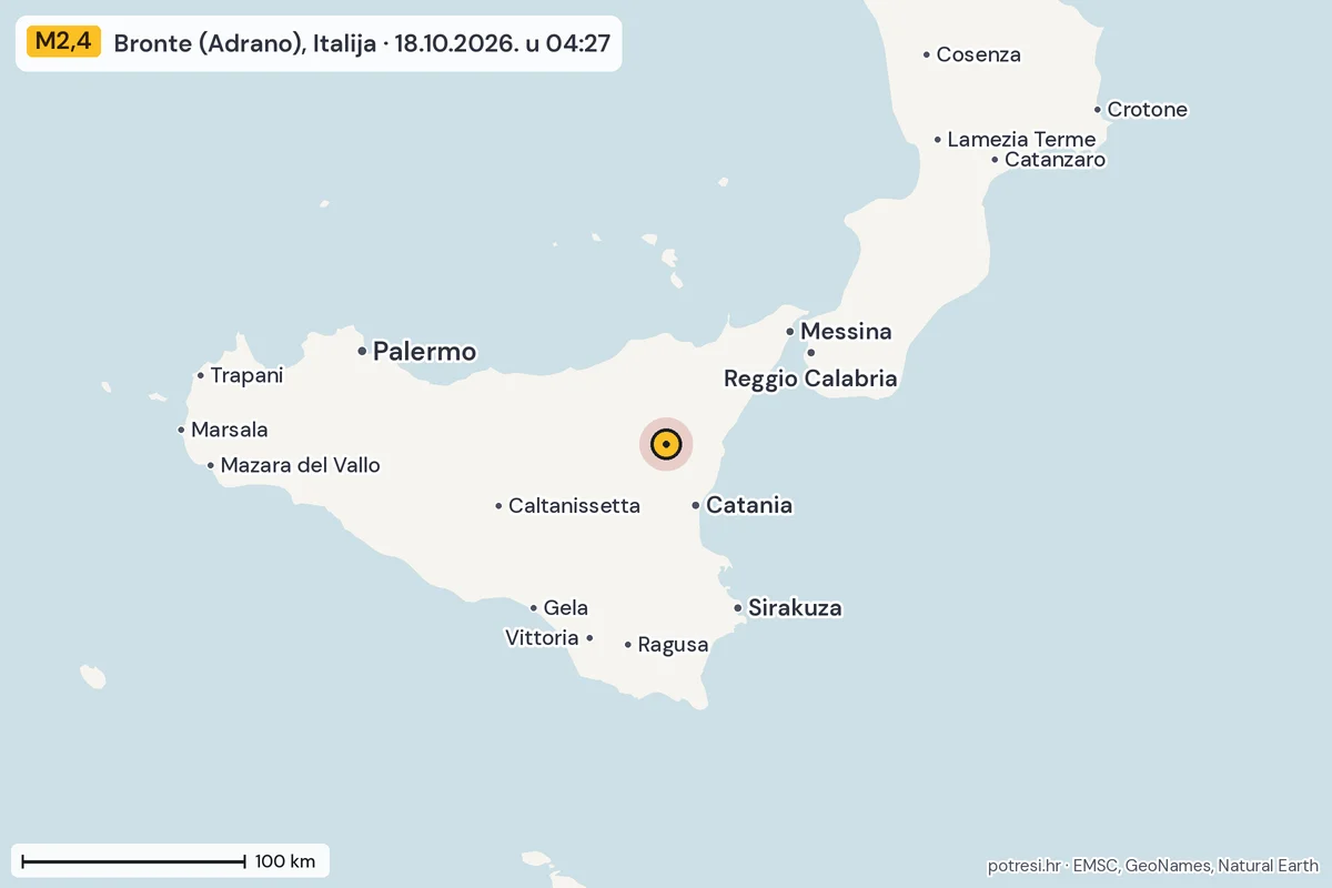 Karta: šire područje, 600 km, potres M2,4, Bronte (Adrano), Italija, 18.10.2026.