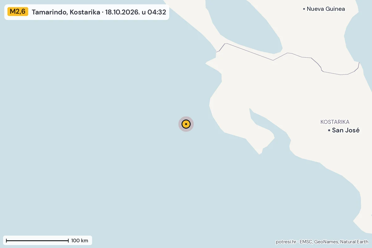 Karta: šire područje, 600 km, potres M2,6, Tamarindo, Kostarika, 18.10.2026.