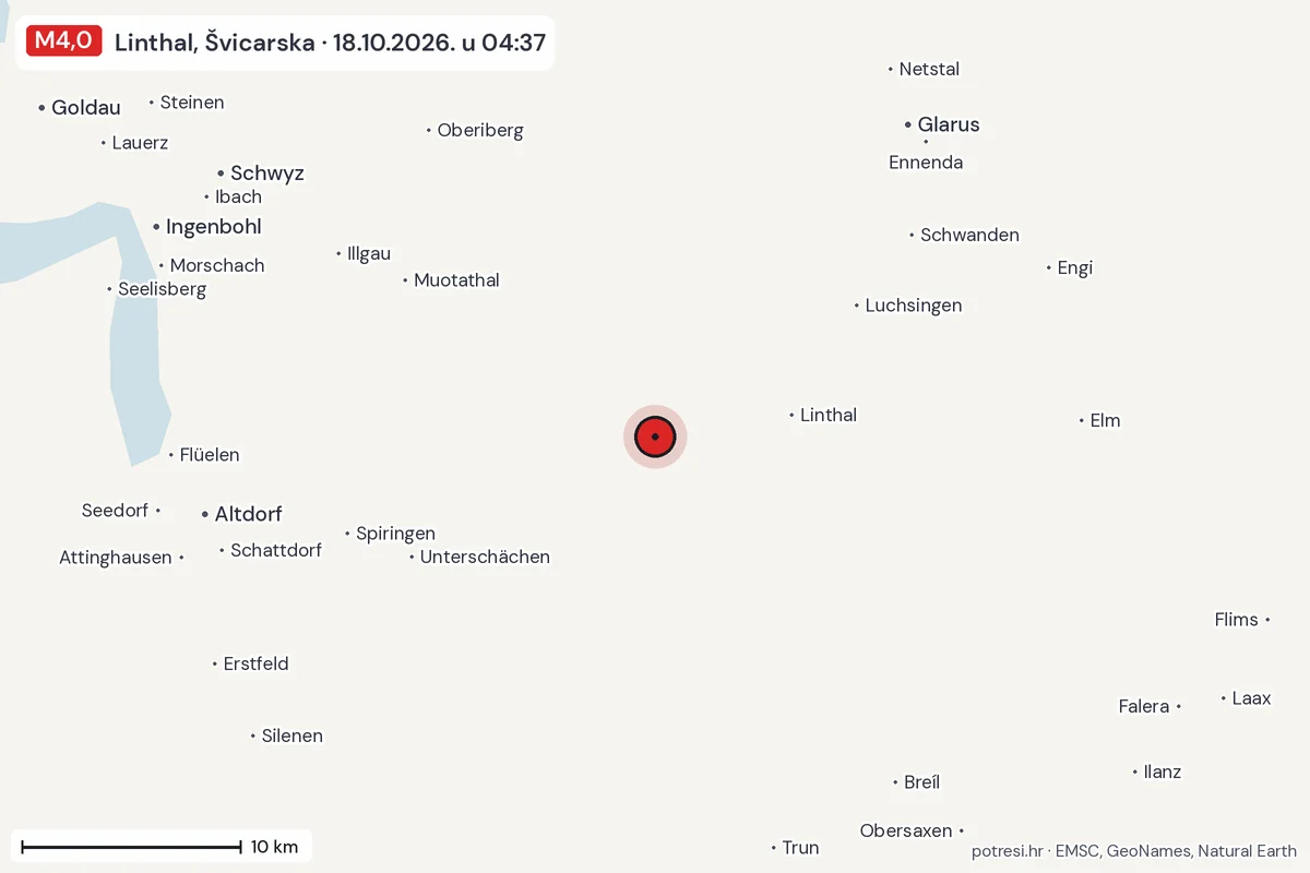 Karta: okolica epicentra, 60 km, potres M4,0, Linthal, Švicarska, 18.10.2026.