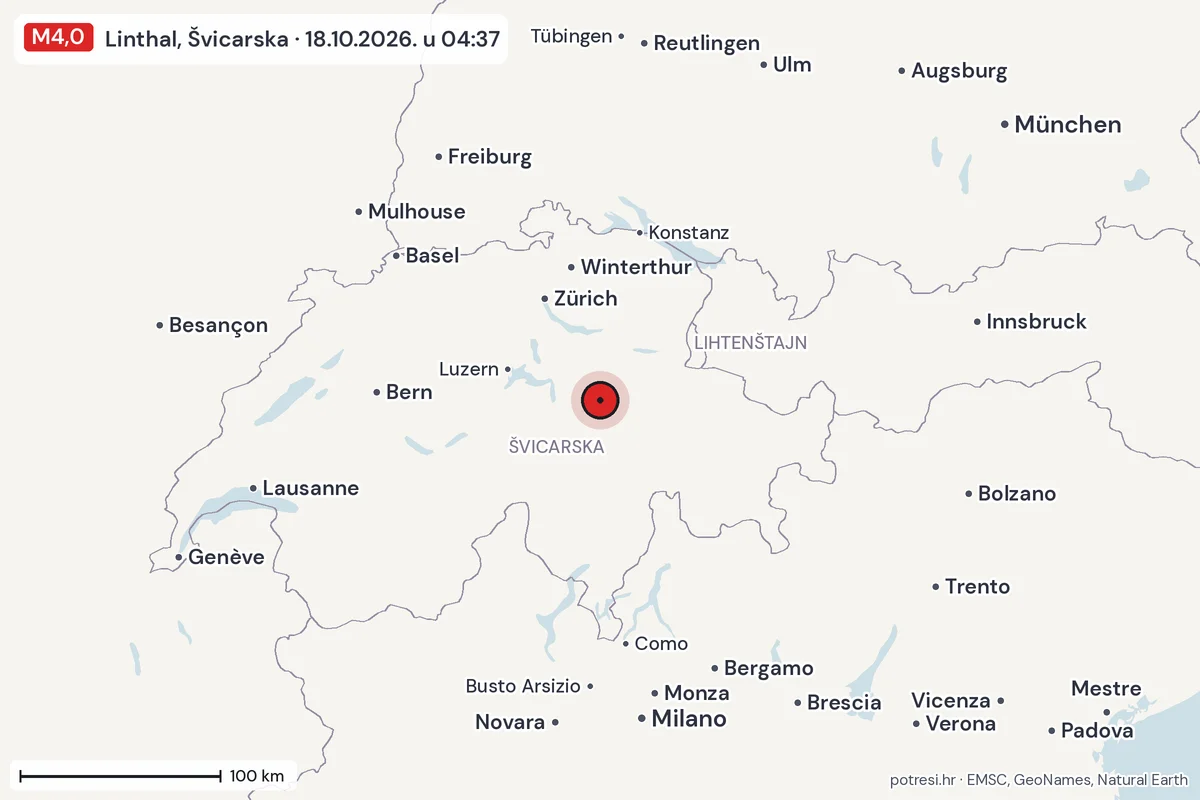 Karta: šire područje, 600 km, potres M4,0, Linthal, Švicarska, 18.10.2026.