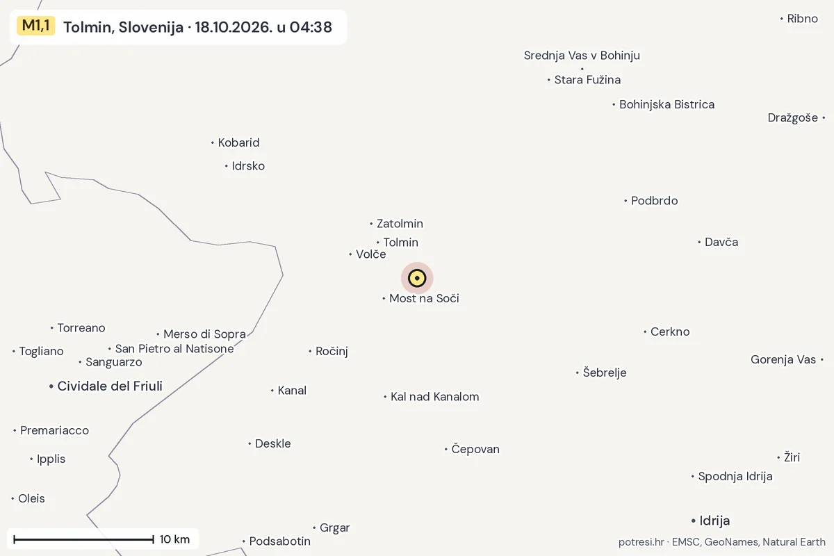 Karta: okolica epicentra, 60 km, potres M1,1, Tolmin, Slovenija, 18.10.2026.