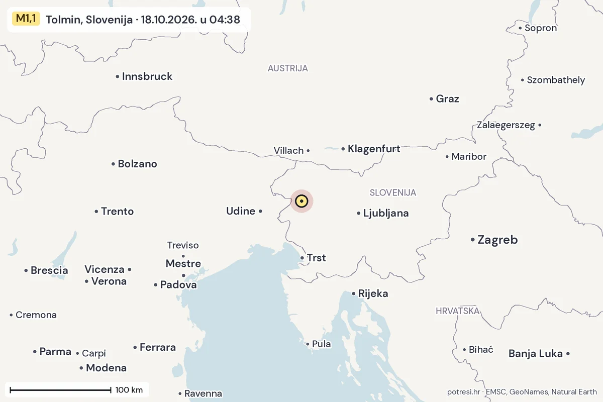 Karta: šire područje, 600 km, potres M1,1, Tolmin, Slovenija, 18.10.2026.