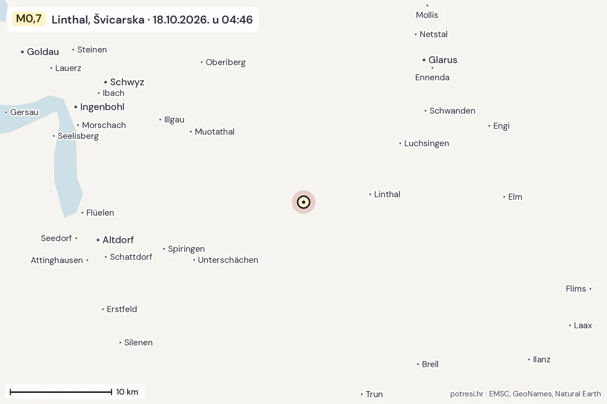 Karta: okolica epicentra, 60 km, potres M0,7, Linthal, Švicarska, 18.10.2026.