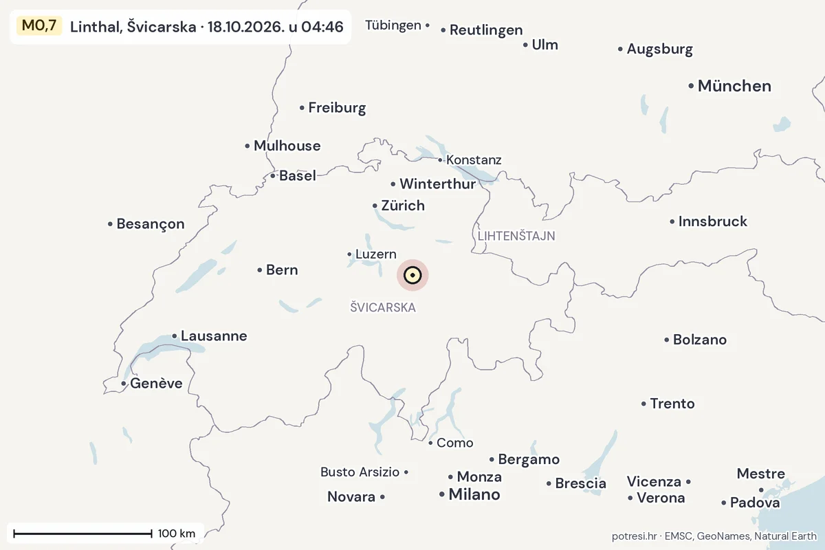 Karta: šire područje, 600 km, potres M0,7, Linthal, Švicarska, 18.10.2026.