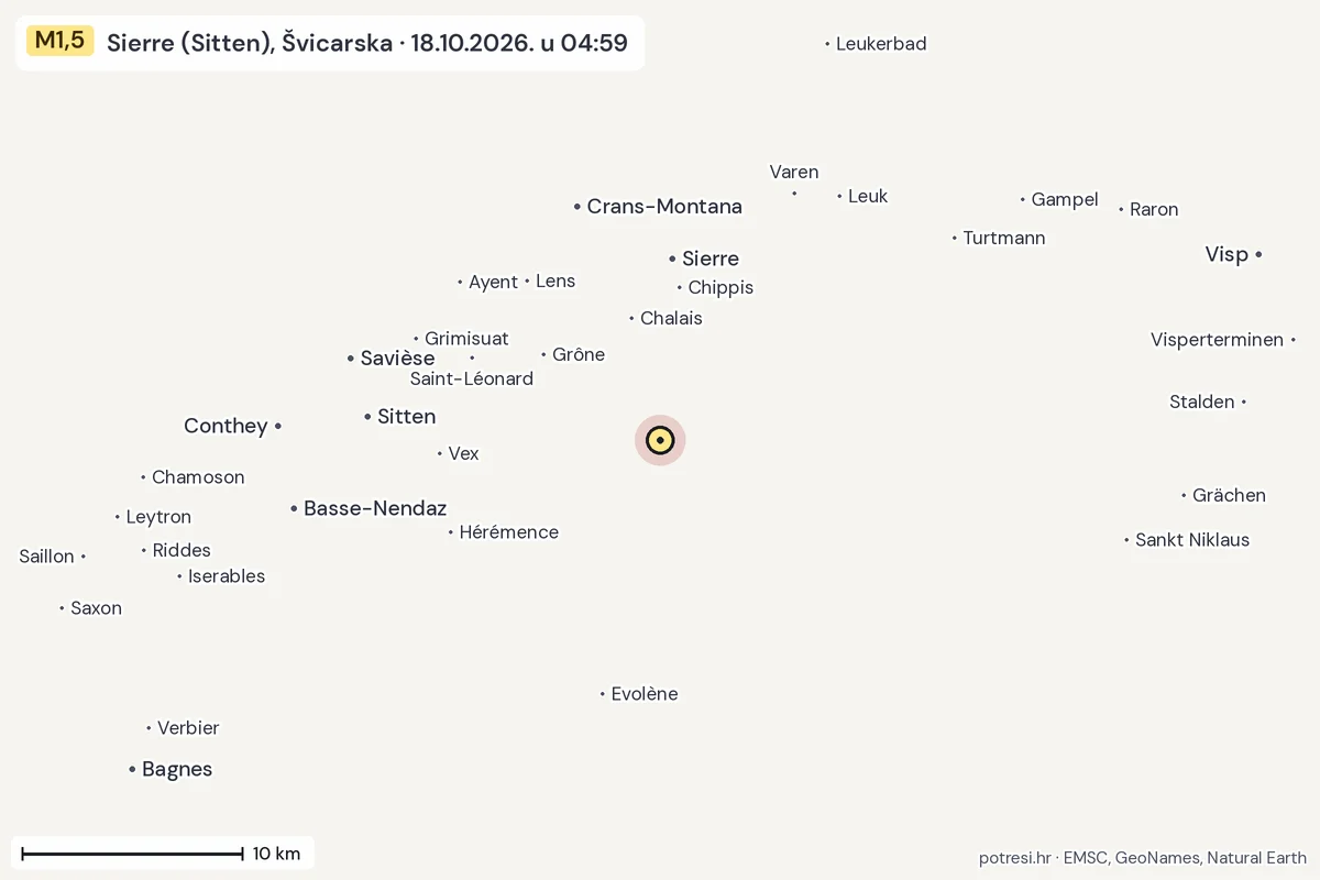 Karta: okolica epicentra, 60 km, potres M1,5, Sierre (Sitten), Švicarska, 18.10.2026.