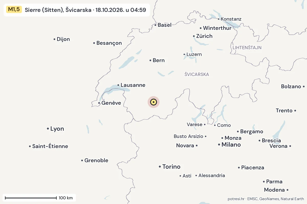 Karta: šire područje, 600 km, potres M1,5, Sierre (Sitten), Švicarska, 18.10.2026.
