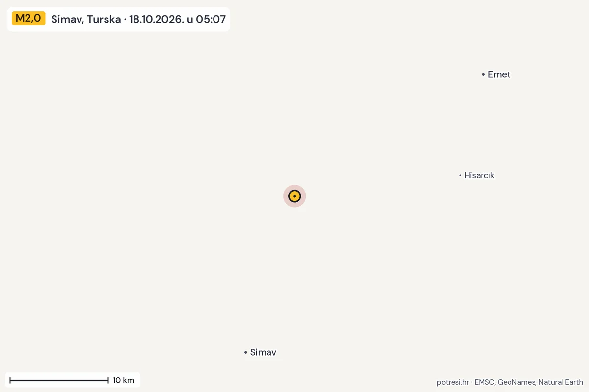 Karta: okolica epicentra, 60 km, potres M2,0, Simav, Turska, 18.10.2026.