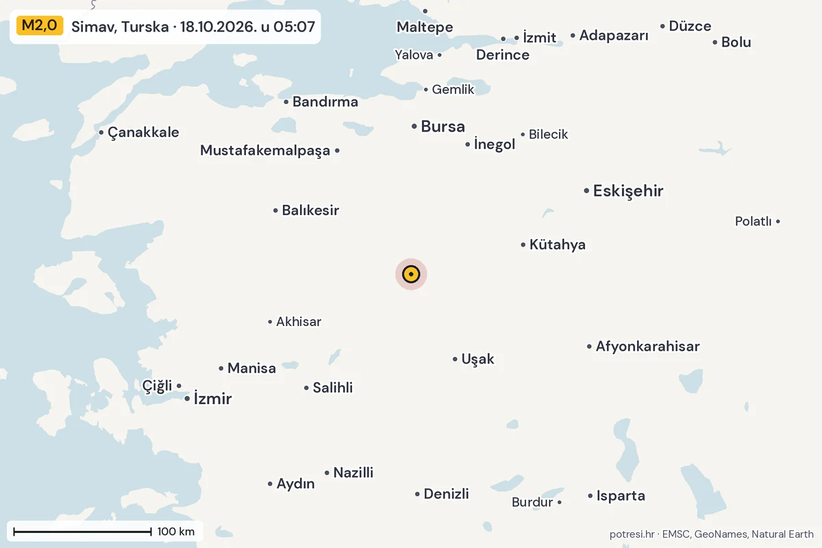 Karta: šire područje, 600 km, potres M2,0, Simav, Turska, 18.10.2026.