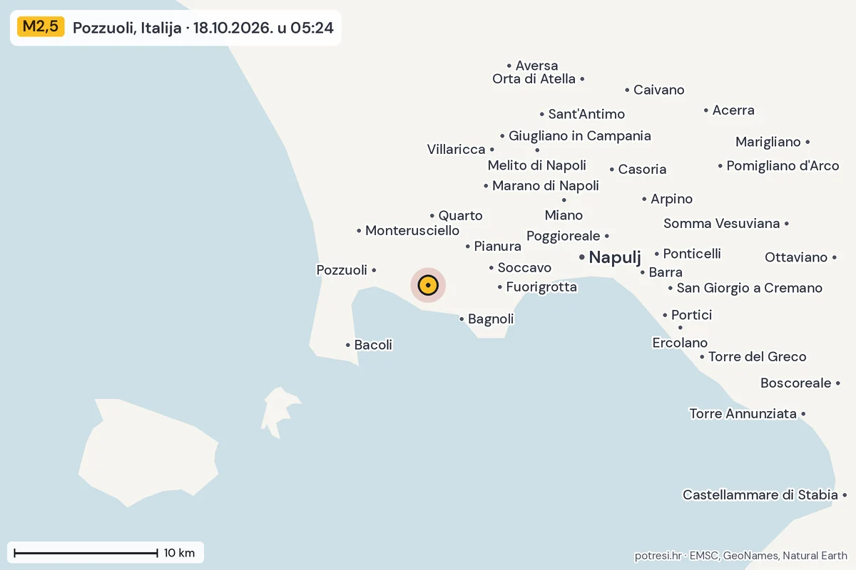 Karta: okolica epicentra, 60 km, potres M2,5, Pozzuoli, Italija, 18.10.2026.