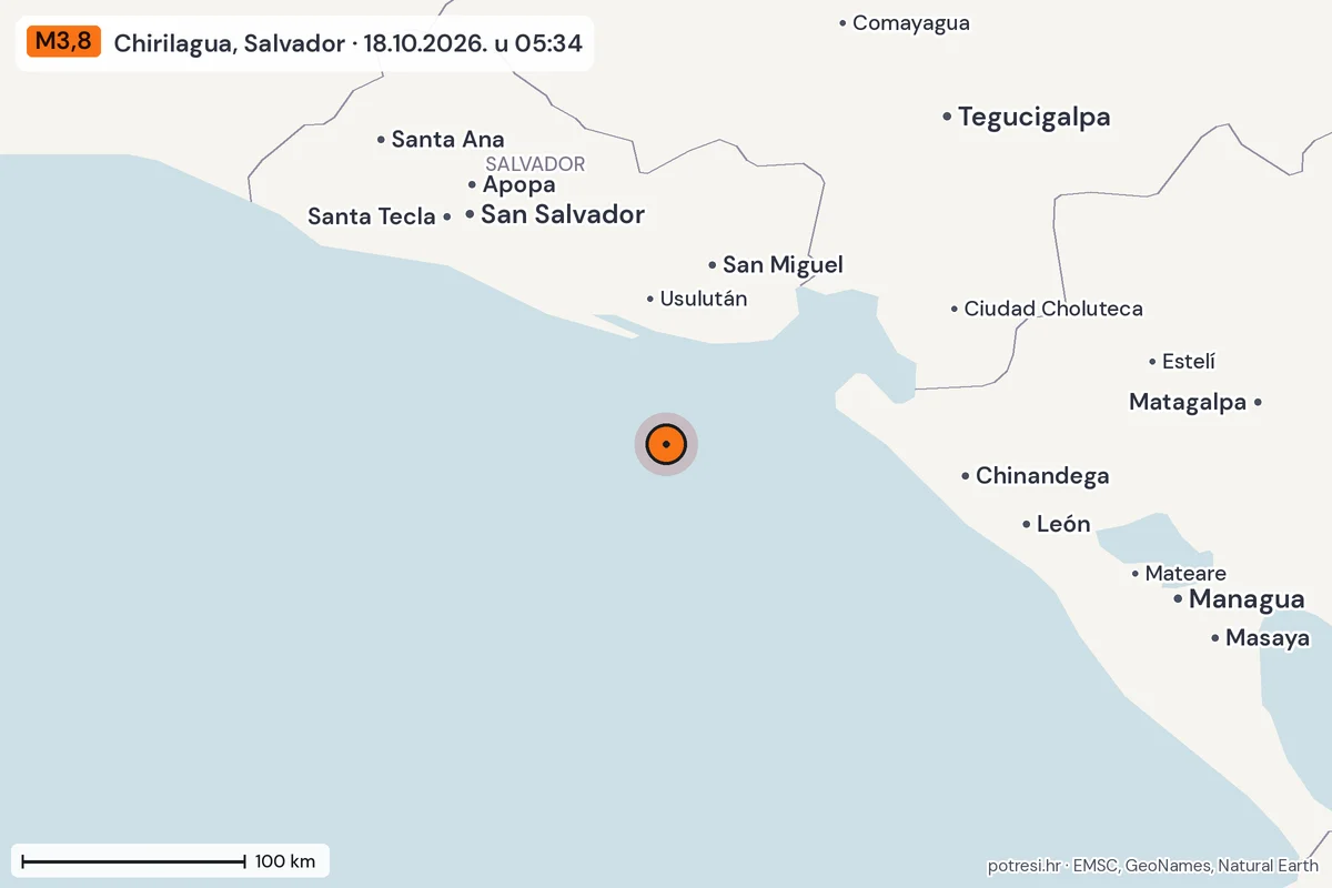Karta: šire područje, 600 km, potres M3,8, Chirilagua, Salvador, 18.10.2026.