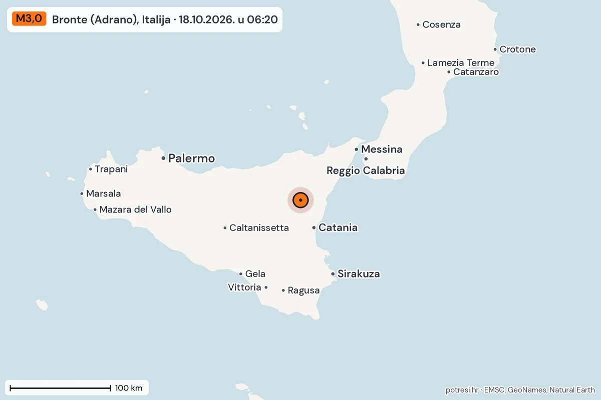 Karta: šire područje, 600 km, potres M3,0, Bronte (Adrano), Italija, 18.10.2026.