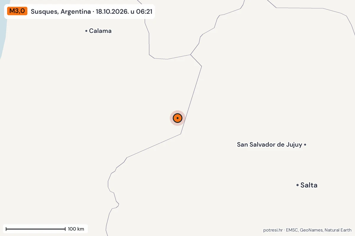 Karta: šire područje, 600 km, potres M3,0, Susques, Argentina, 18.10.2026.