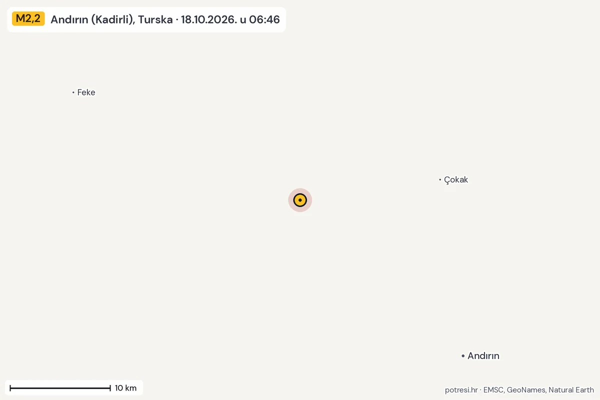 Karta: okolica epicentra, 60 km, potres M2,2, Andırın (Kadirli), Turska, 18.10.2026.