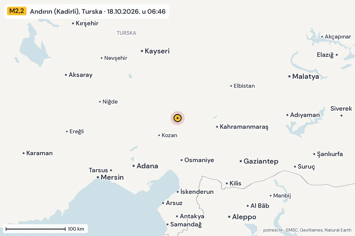 Karta: šire područje, 600 km, potres M2,2, Andırın (Kadirli), Turska, 18.10.2026.