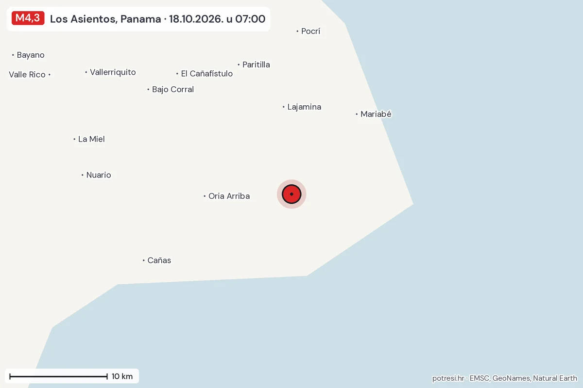 Karta: okolica epicentra, 60 km, potres M4,3, Los Asientos, Panama, 18.10.2026.