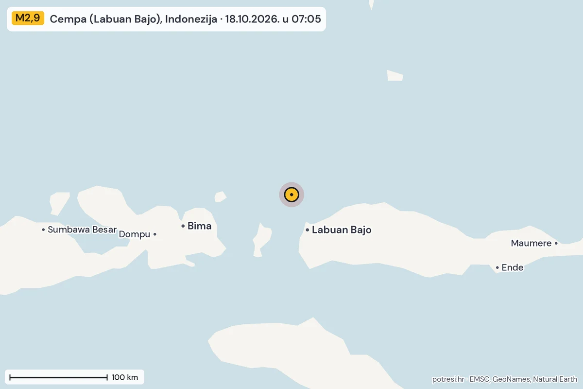 Karta: šire područje, 600 km, potres M2,9, Cempa (Labuan Bajo), Indonezija, 18.10.2026.