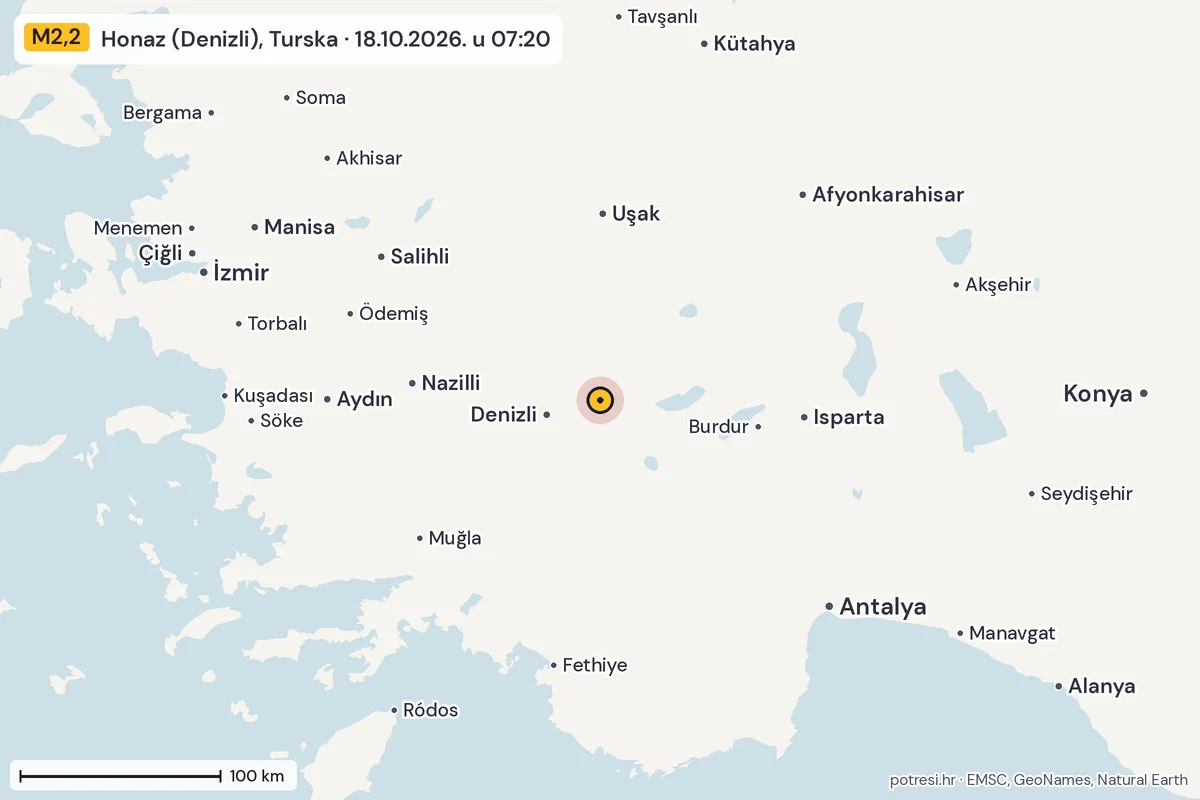 Karta: šire područje, 600 km, potres M2,2, Honaz (Denizli), Turska, 18.10.2026.