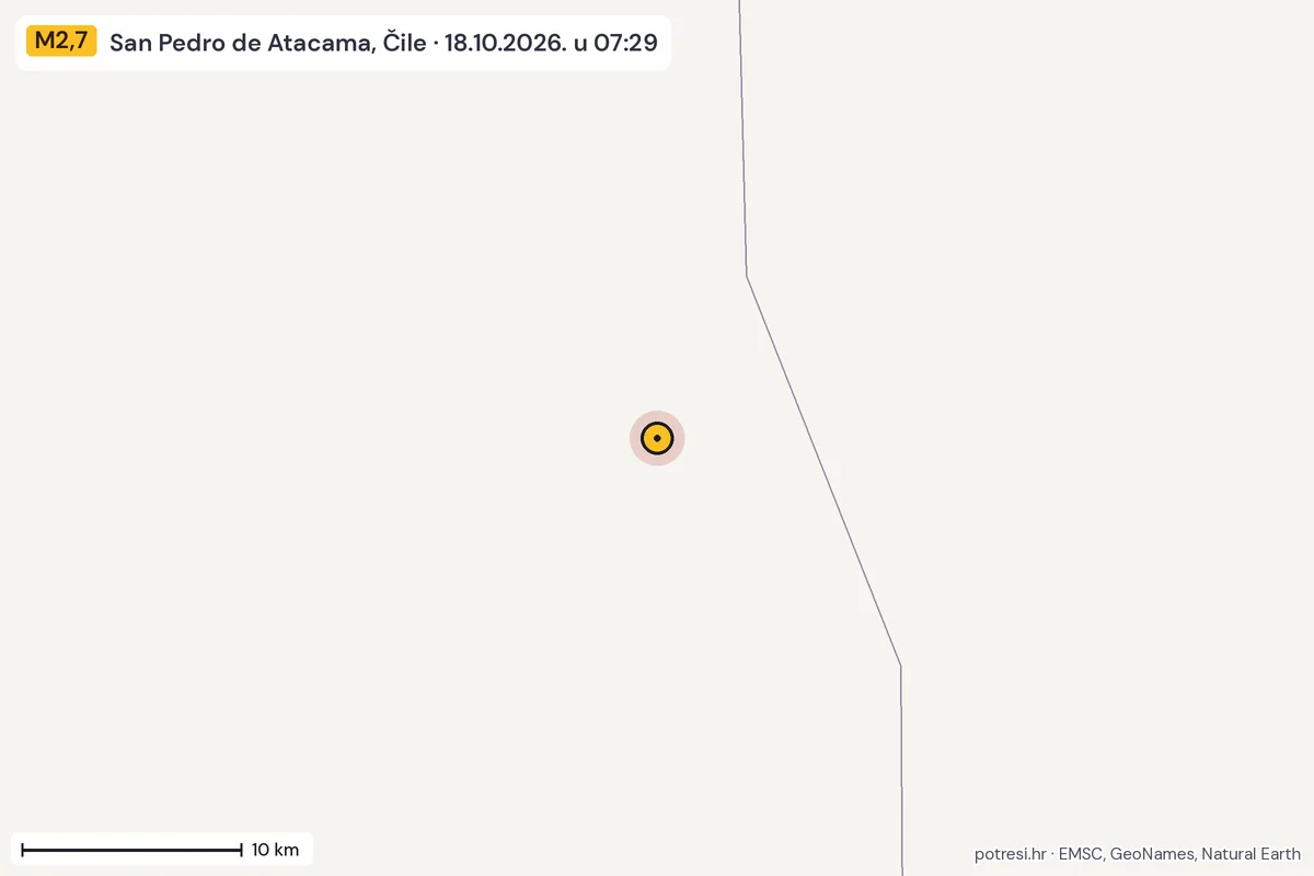 Karta: okolica epicentra, 60 km, potres M2,7, San Pedro de Atacama, Čile, 18.10.2026.