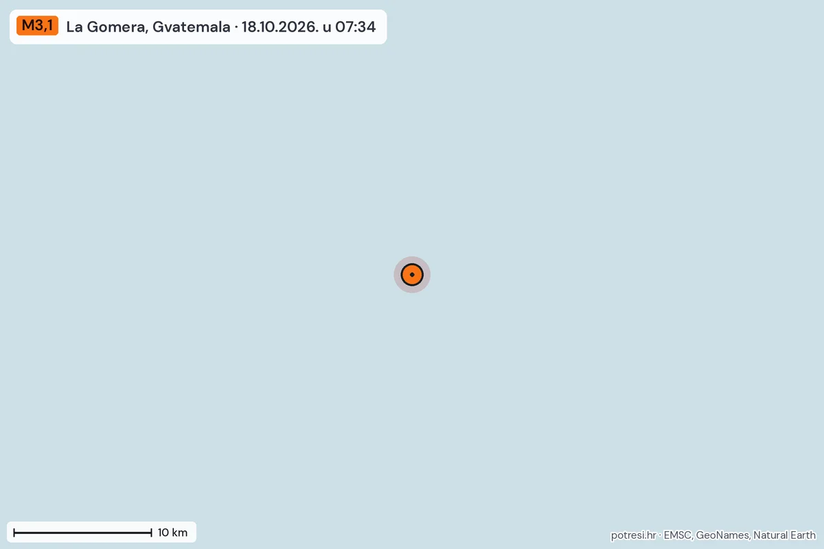 Karta: okolica epicentra, 60 km, potres M3,1, La Gomera, Gvatemala, 18.10.2026.