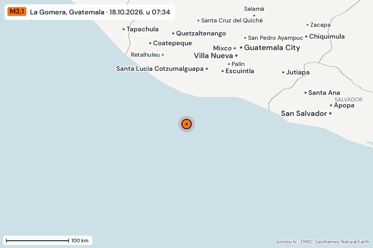 Karta: šire područje, 600 km, potres M3,1, La Gomera, Gvatemala, 18.10.2026.