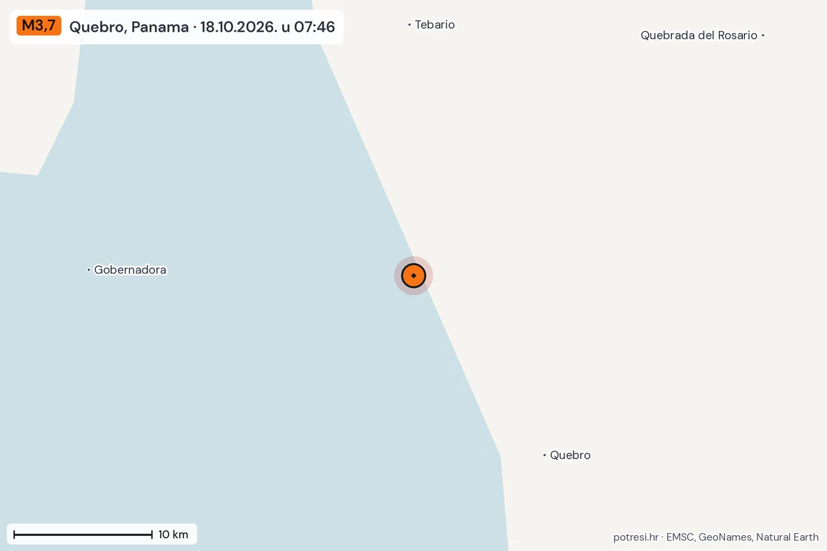 Karta: okolica epicentra, 60 km, potres M3,7, Quebro, Panama, 18.10.2026.