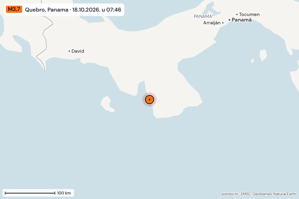 Karta: šire područje, 600 km, potres M3,7, Quebro, Panama, 18.10.2026.