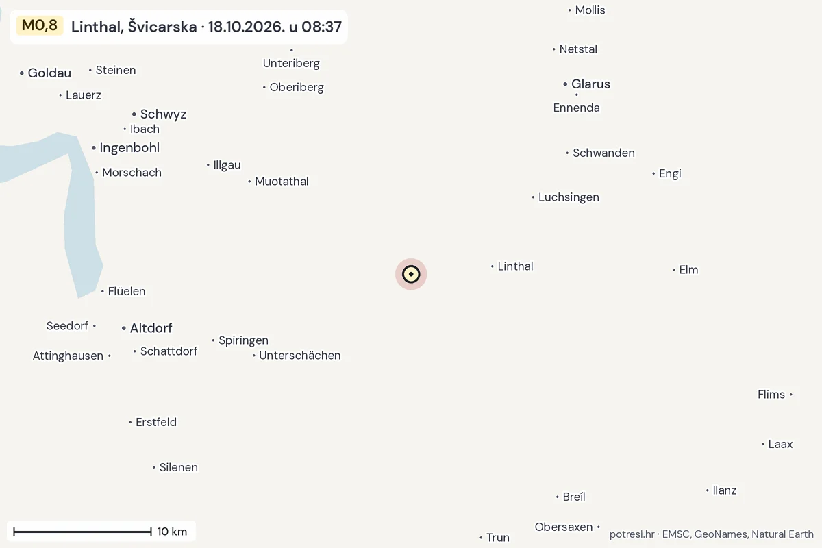 Karta: okolica epicentra, 60 km, potres M0,8, Linthal, Švicarska, 18.10.2026.