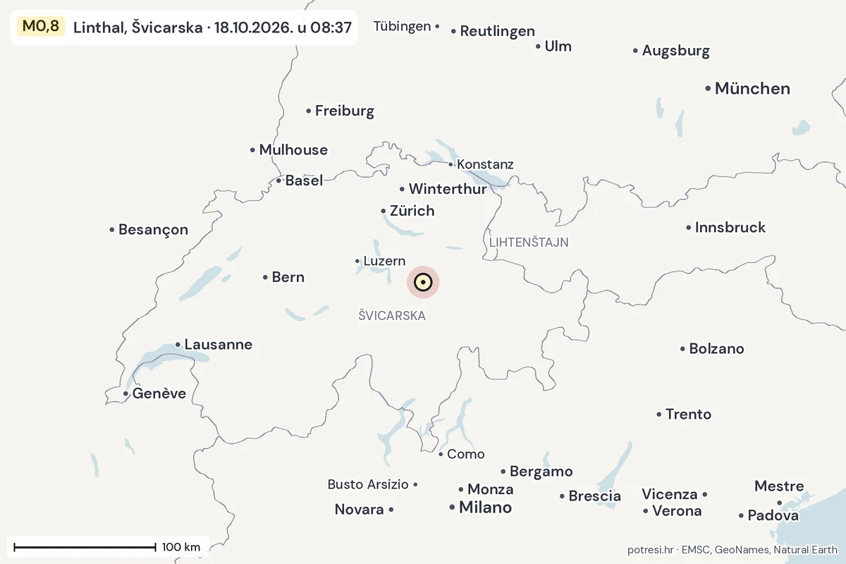Karta: šire područje, 600 km, potres M0,8, Linthal, Švicarska, 18.10.2026.