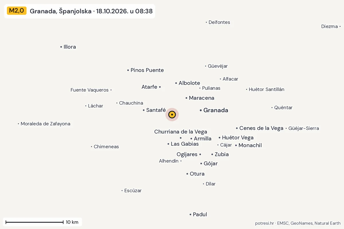 Karta: okolica epicentra, 60 km, potres M2,0, Granada, Španjolska, 18.10.2026.