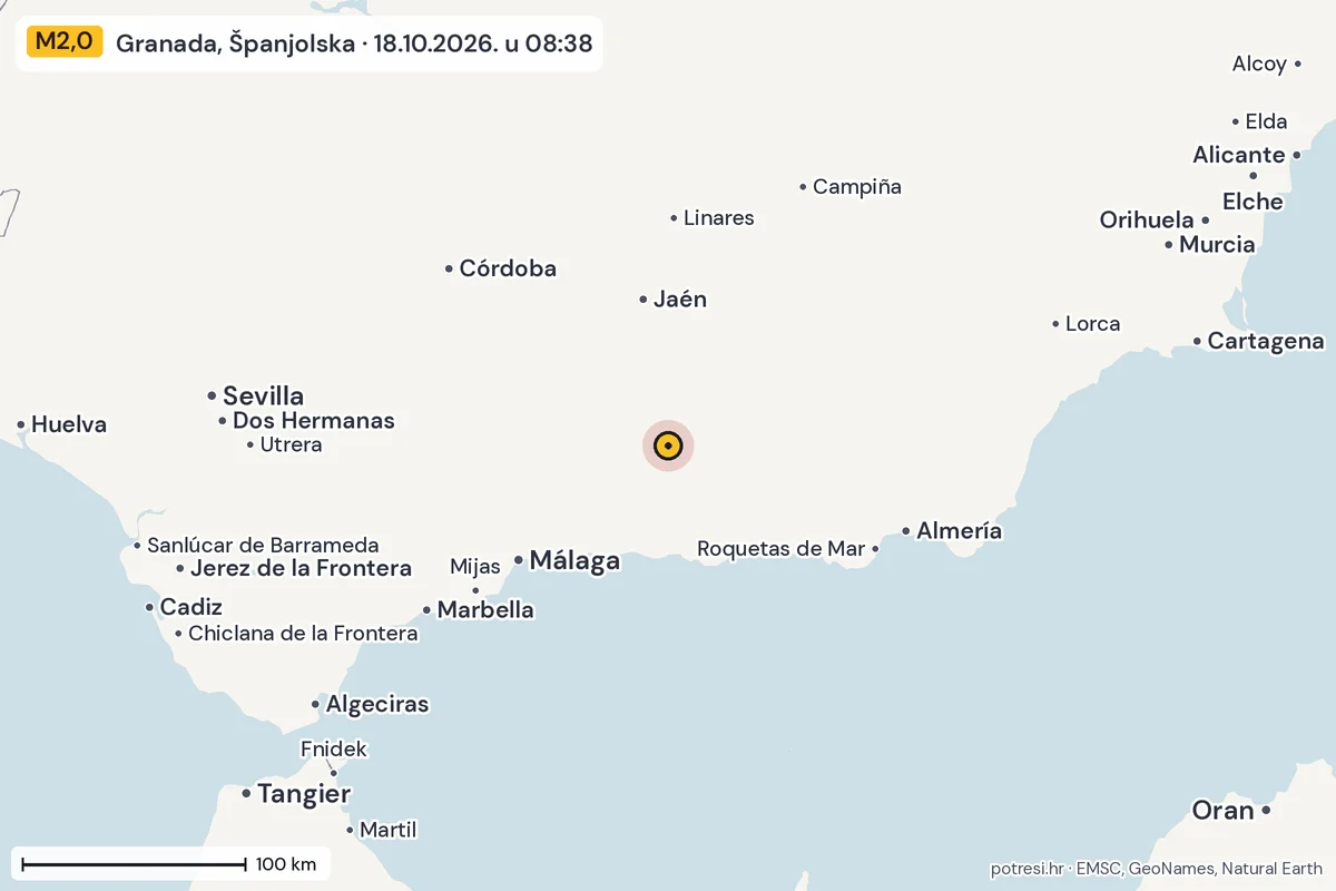 Karta: šire područje, 600 km, potres M2,0, Granada, Španjolska, 18.10.2026.